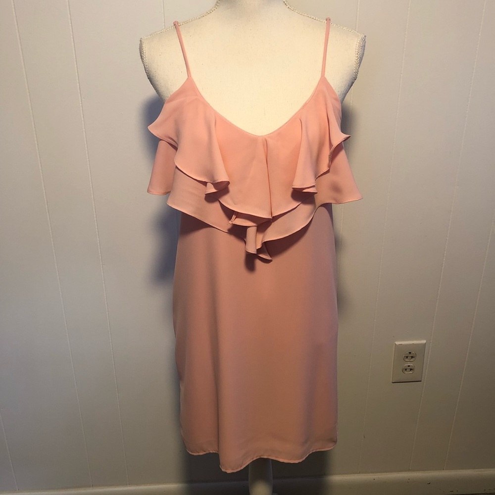Anthropologie Everly pink ruffled lined dress. Size small.